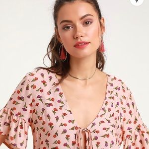Flirty Blush Pink Floral Print Tie-Front Top